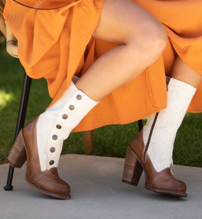 (image for) Amelia Boots Tan Rustic Leather with Ivory Embroidery